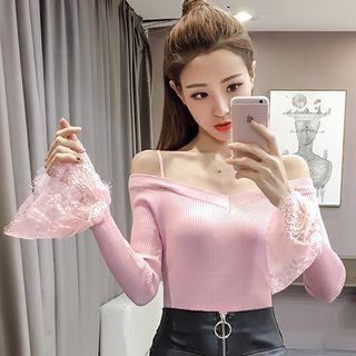 V-neck Lace-cuff Knit Top