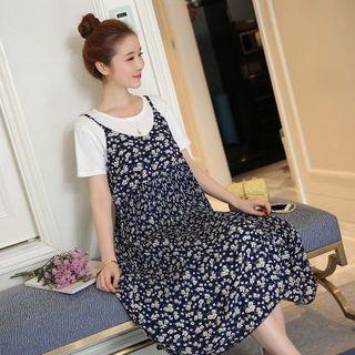 Set: Floral Print Strap Dress + Short-sleeve T-shirt