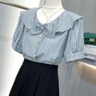 Short-sleeve Bow Accent Striped Shirt