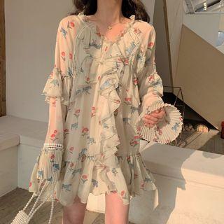 Long-sleeve Floral Print Ruffle Chiffon Dress As Shown In Figure - One Size