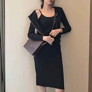 Set: Hooded Zip Jacket + Plain Spaghetti Strap Dress