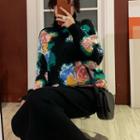 Turtleneck Flower Pattern Sweater / Midi A-line Knit Skirt