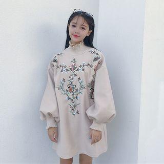 Embroidered High Neck Lantern-sleeve Pullover Dress