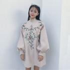 Embroidered High Neck Lantern-sleeve Pullover Dress