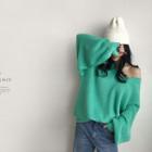V-neck Balloon-sleeve Rib-knit Sweater