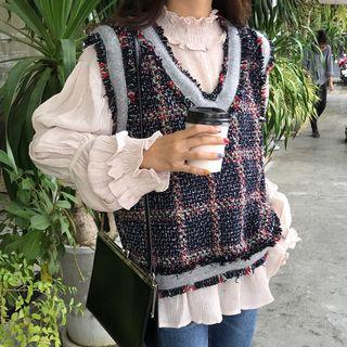 V-neck Plaid Knit Vest / Mock Neck Frill-trim Blouse
