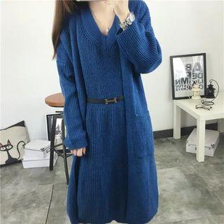 Set: V-neck Sleeveless Knit Dress + Open-front Long Knit Jacket