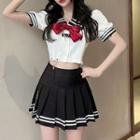 Short-sleeve Sailor Collar Bow Crop Top / Mini A-line Skirt / Set