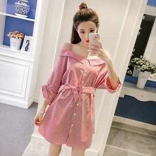 Open Shoulder Elbow-sleeve Shirtdress