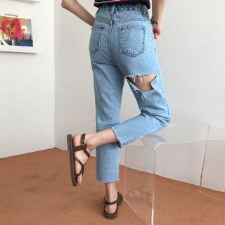 Cutout-back Distressed Straight-cut Jeans