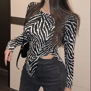 Long-sleeve Zebra Print Asymmetrical Top Zebra - One Size