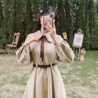 Bow Detail Long-sleeve Midi Collared Dress