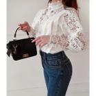 Bishop-sleeve Faux-pearl Lace Blouse Ivory - One Size