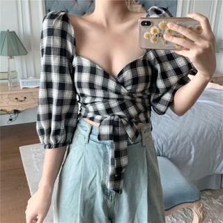 Puff-sleeve Tie-waist Plaid Cropped Top Black & White - One Size