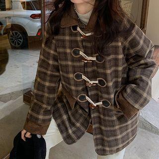 Toggle Button Gingham Jacket Khaki - One Size
