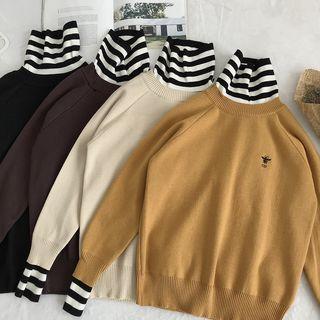 Striped Panel Embroidered Turtleneck Sweater
