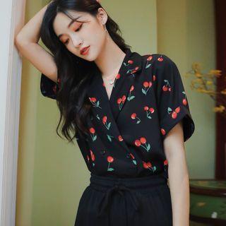 Elbow-sleeve Cherry Print Shirt