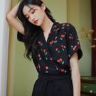 Elbow-sleeve Cherry Print Shirt