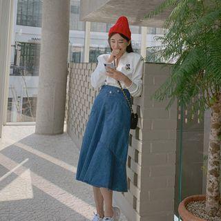 Seam-trim Flared Denim Skirt