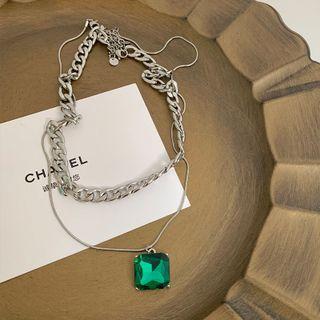 Rhinestone Chunky Chain Necklace Green - One Size