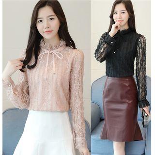 Bow Accent Lace Long-sleeve Top