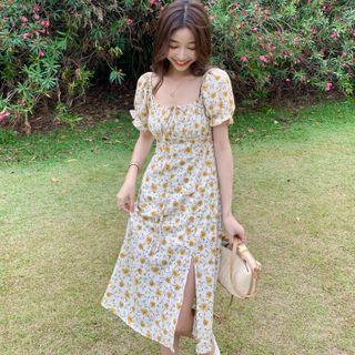 Puff-sleeve Square Neck Drawstring Floral Mini Dress / Slited Midi A-line Dress / Spaghetti Strap Ruched Mini Dress