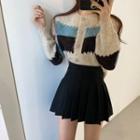Color Block Striped Knit Cardigan + Pleated Mini Skirt