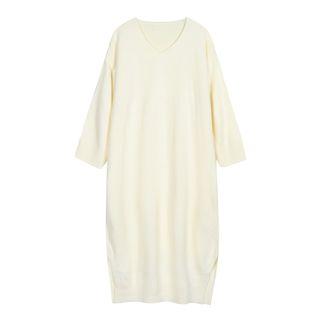V-neck 3/4-sleeve Midi Knit Dress Almond - One Size