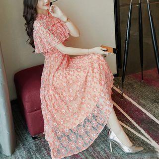Short-sleeve Ruffle-trim Midi A-line Floral Lace Dress