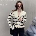 Collared Striped Knit Cardigan As Shown In Figure - One Size