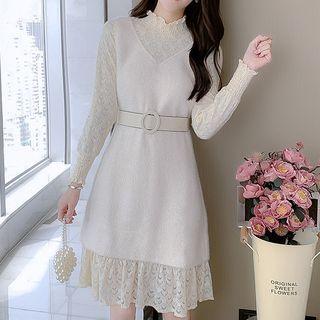 Set: Long-sleeve Lace Dress + Spaghetti Strap Knit Dress