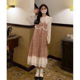 Peter Pan Collar Lace Long-sleeve Top / Ruffle Floral Suspender Skirt