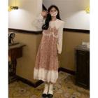 Peter Pan Collar Lace Long-sleeve Top / Ruffle Floral Suspender Skirt