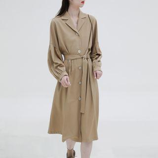Long-sleeve Open-collar Midi A-line Shirtdress
