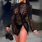 Long-sleeve Mock-neck Zip-up Print Mini Bodycon Dress
