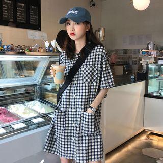 Short-sleeve Plaid Mini Shirt Dress Dress - Black & White - One Size