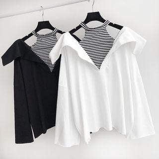 Mock Two-piece Striped Panel Long-sleeve Top