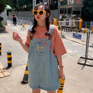 Embroidered Mini Denim Jumper Dress / Elbow-sleeve T-shirt