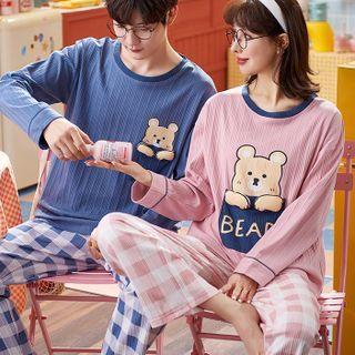 Couple Loungewear Set : Long-sleeve Bear Print Top + Plaid Pants