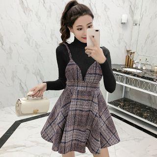 Spaghetti Strap Plaid Mini A-line Dress / Top / Set