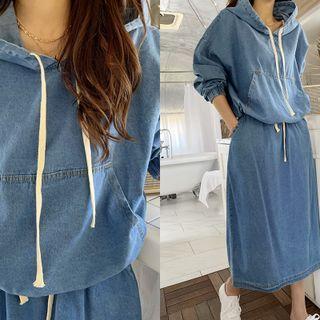 Denim Kangaroo Hoodie & Midi Skirt Set Light Blue - One Size