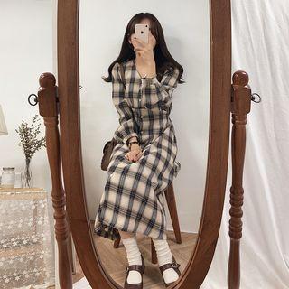 Long-sleeve V-neck Plaid Midi A-line Shirtdress