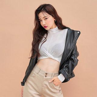 Mock-neck Knot Crop Sheer Top