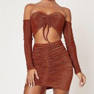 Set: Drawstring Long-sleeve Crop Top + Drawstring Mini Pencil Skirt