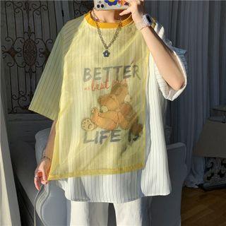 Striped Cartoon Bear Print Mesh Panel T-shirt