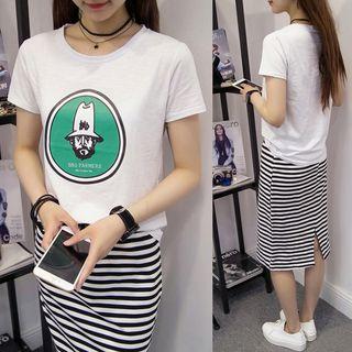 Set: Printed Short Sleeve T-shirt + Striped Drawstring Skirt