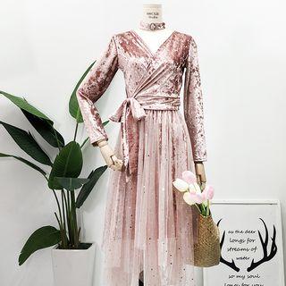 Set: Velvet Tie Cardigan + Sequined Mesh Midi Skirt