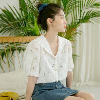 Short-sleeve Eyelet Button-up Blouse