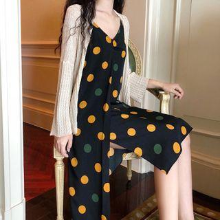 Set: Dotted Strappy Midi A-line Dress + Light Jacket