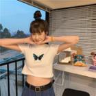 Butterfly Embroidered Short-sleeve Crop T-shirt